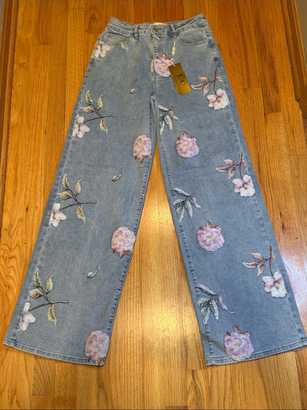 Lizette Large Floral Sequin Appliqué Wide-Leg Jeans Light Blue Pink Flowers
